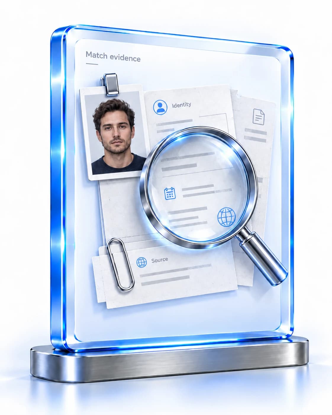 A magnifying glass brings identity details and their supporting source records into focus.
