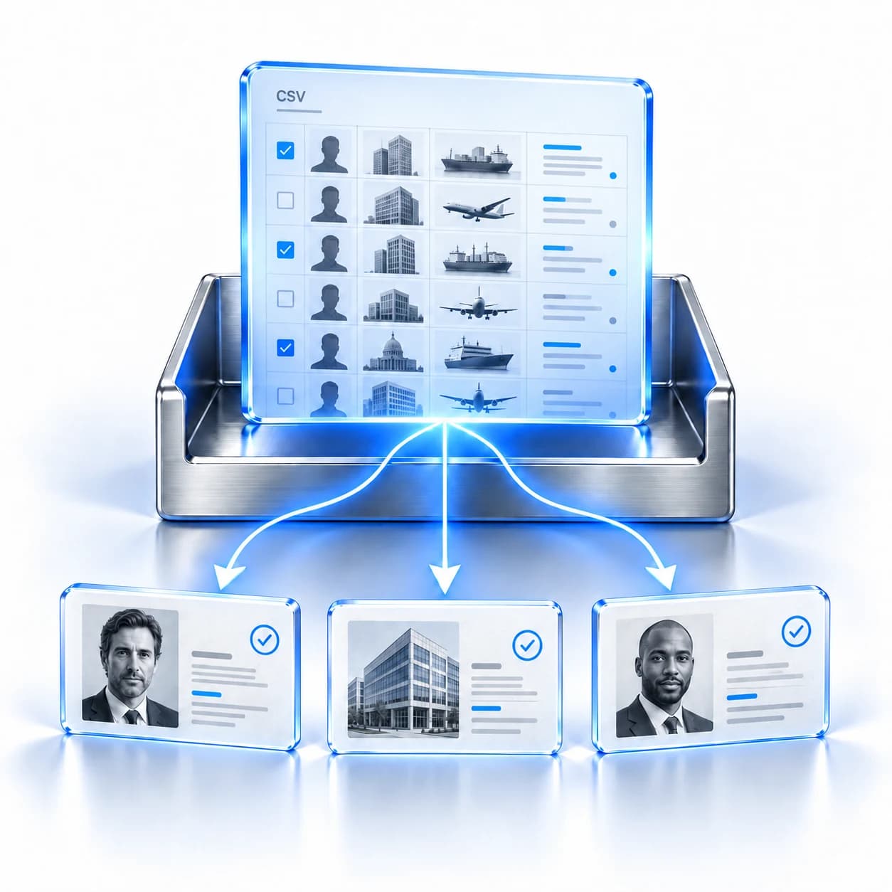 A CSV portfolio separates into individual and organisation subject cards for screening.