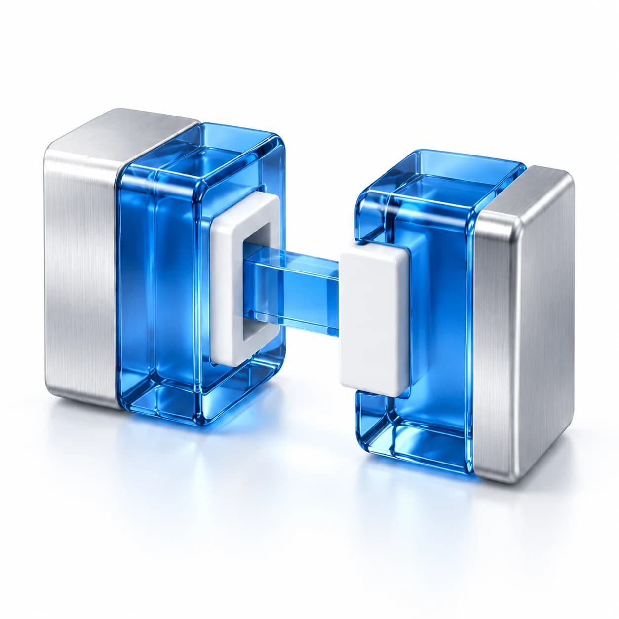 Two blue glass connectors joined by a bridge, representing an application connected to a public API.