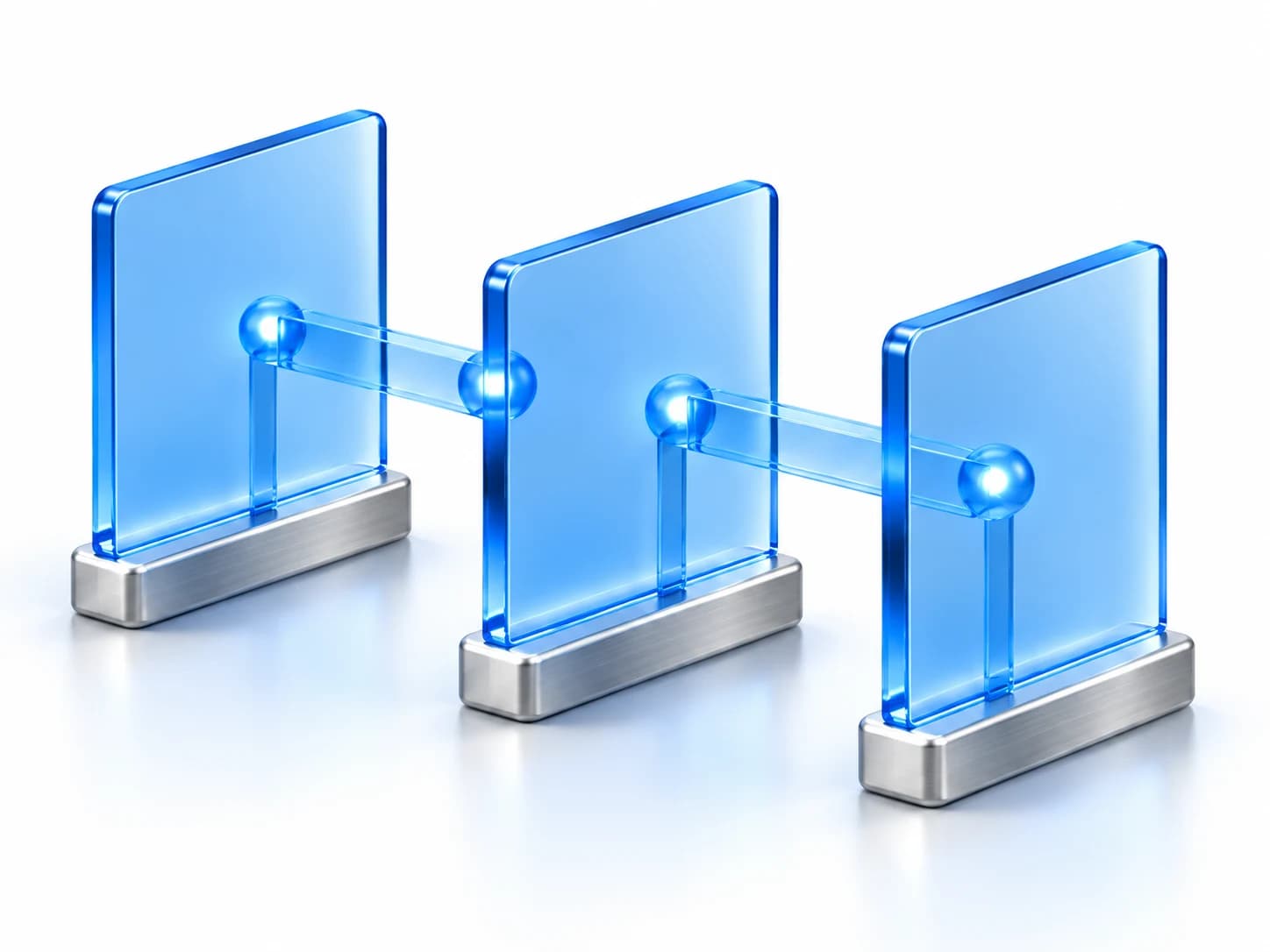 Three connected glass panes representing a verification event travelling to your workflow.