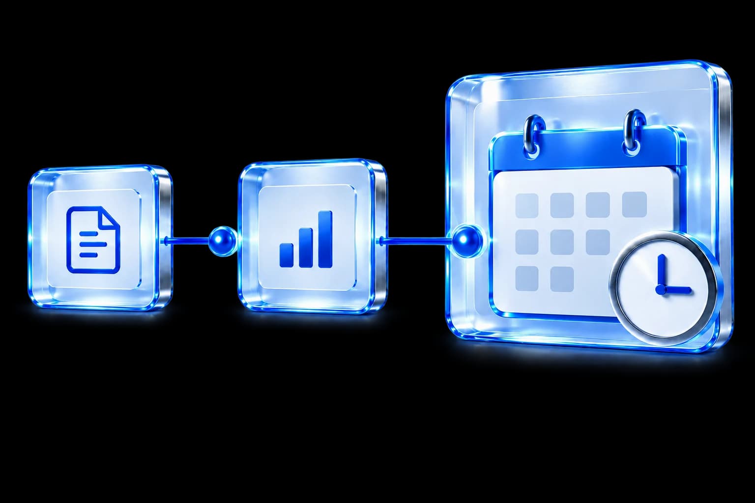 Three connected glass objects show a profile document, a refreshed rating and the review calendar.