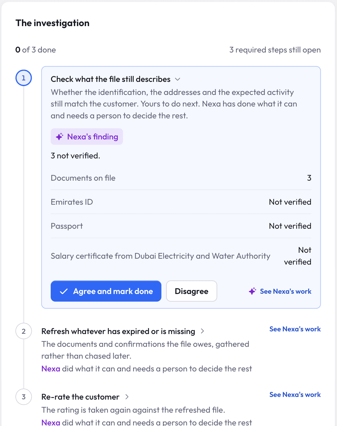 Nexa's finding on an investigation step with Agree and Disagree controls