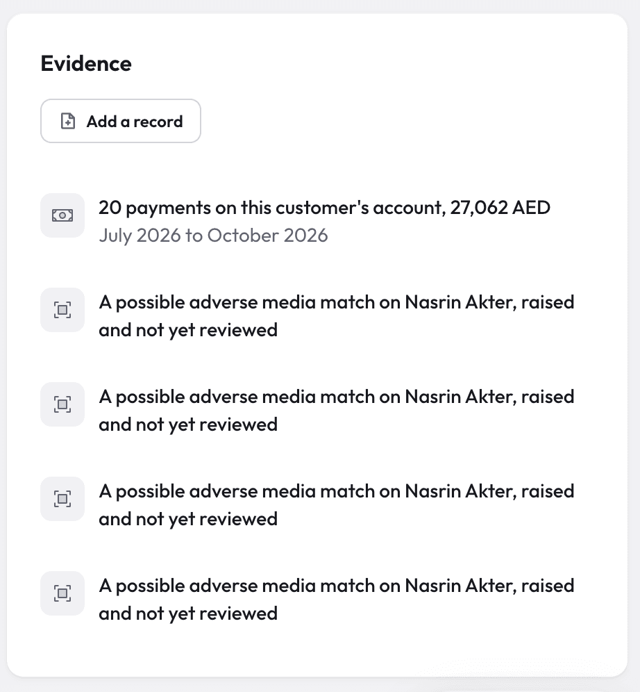 Nex AML case evidence listing payments and possible adverse media matches
