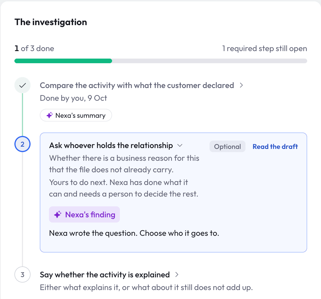 Nex AML investigation plan with Nexa's drafted question awaiting an analyst