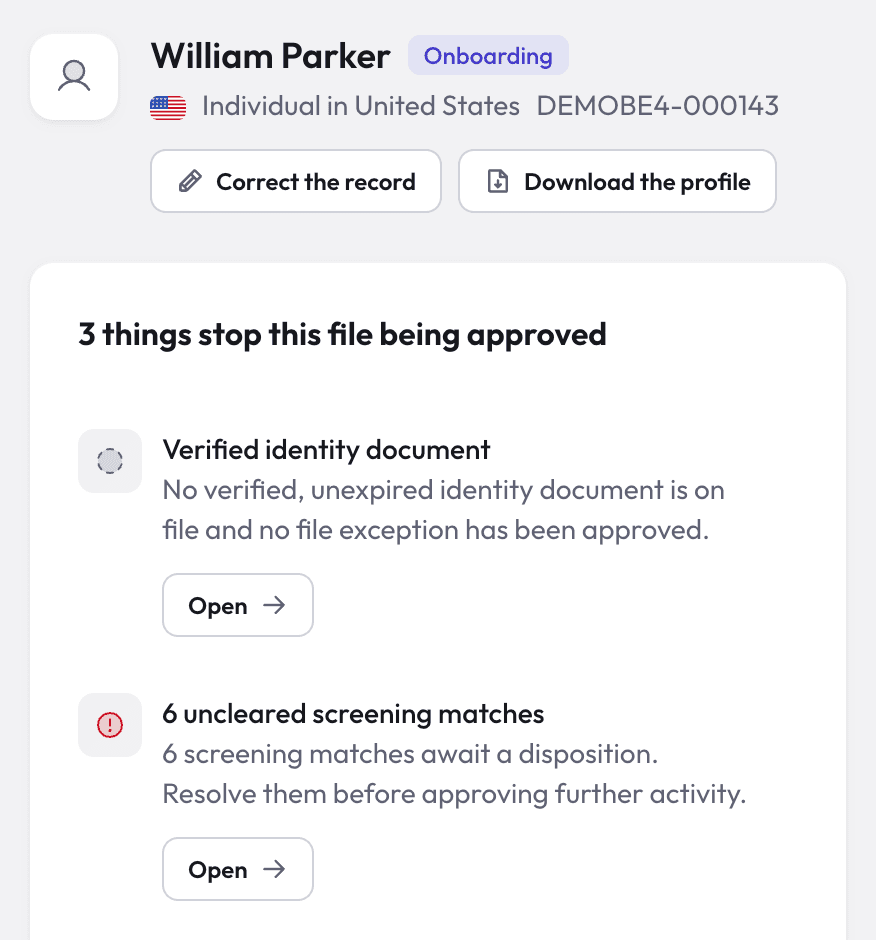 Nex AML customer profile showing a missing verified identity document blocking approval
