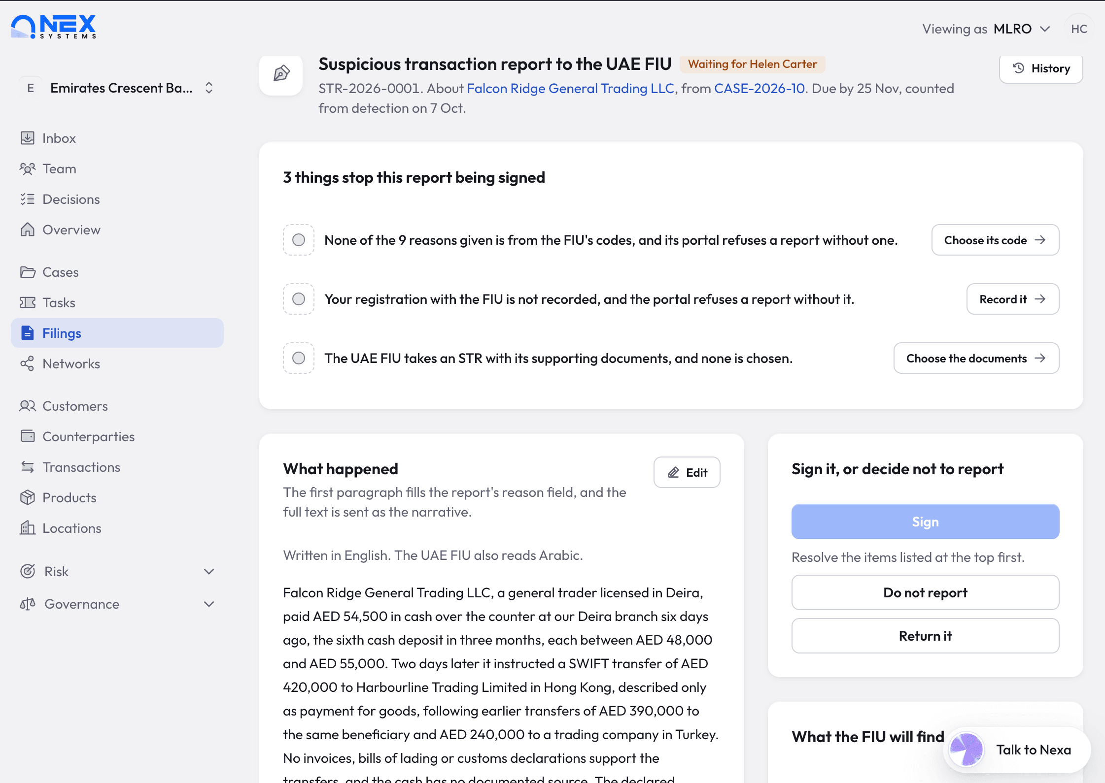 Nex AML suspicious transaction report draft listing what stops it being signed