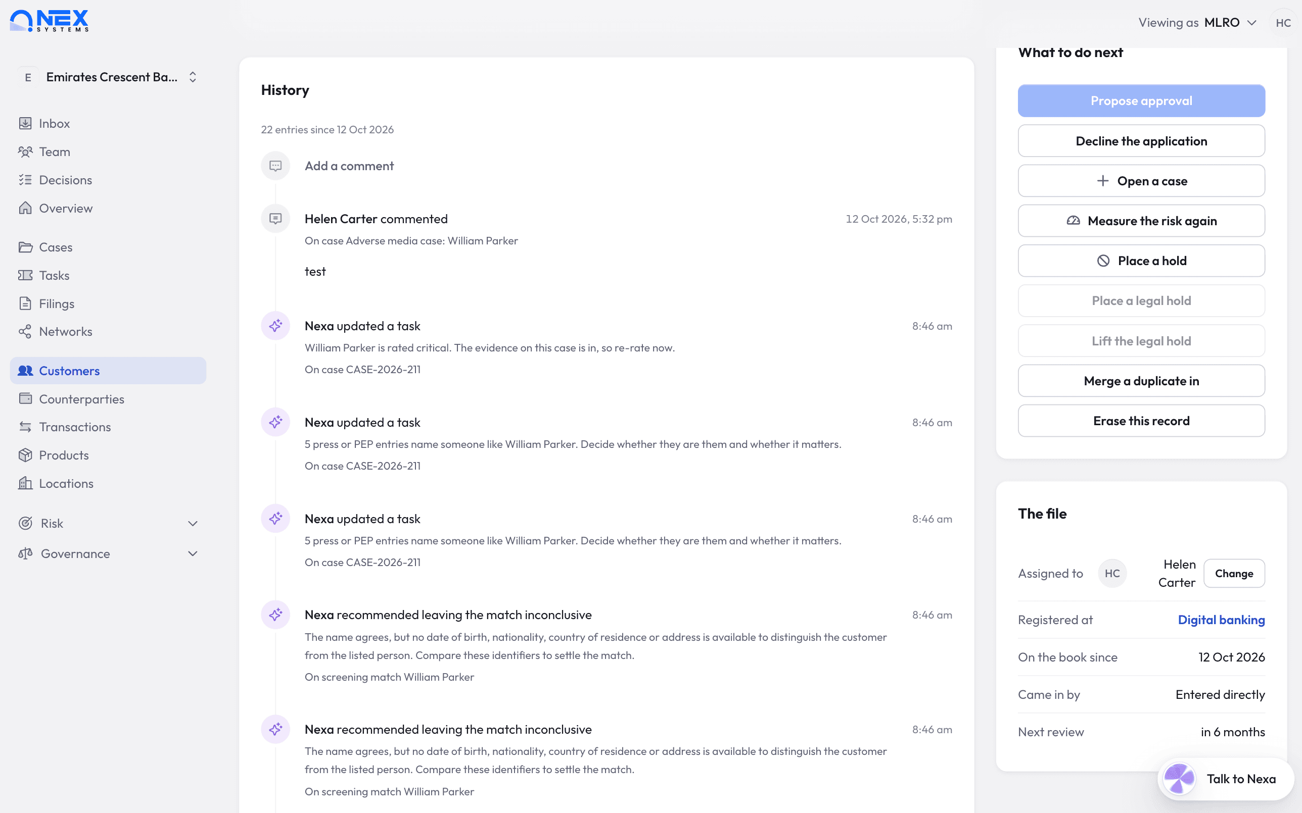 Nex AML customer history showing each comment and Nexa action with its time