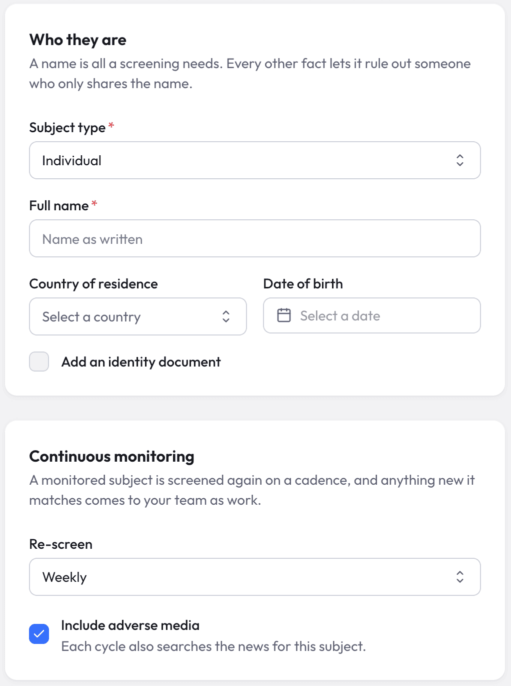 Subject details with a weekly re-screen and adverse media included