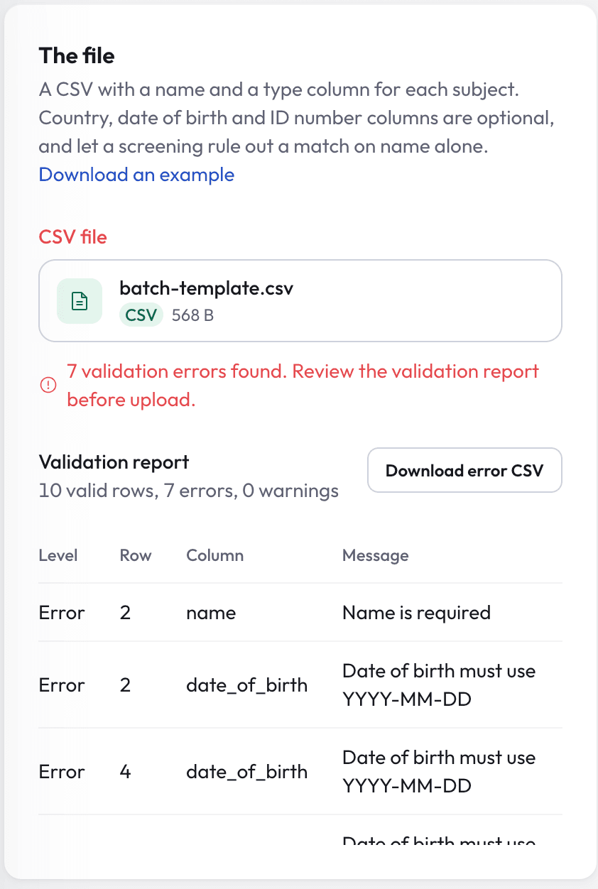 CSV validation report listing row errors before the batch runs