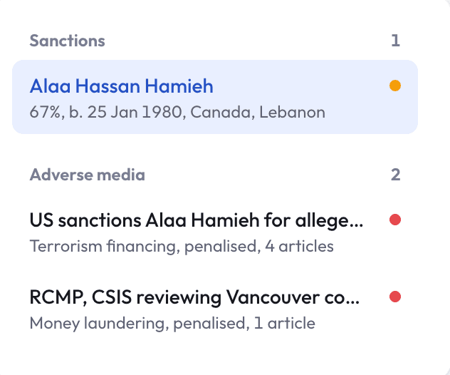 Screening results for one subject: a sanctions match and two adverse media stories