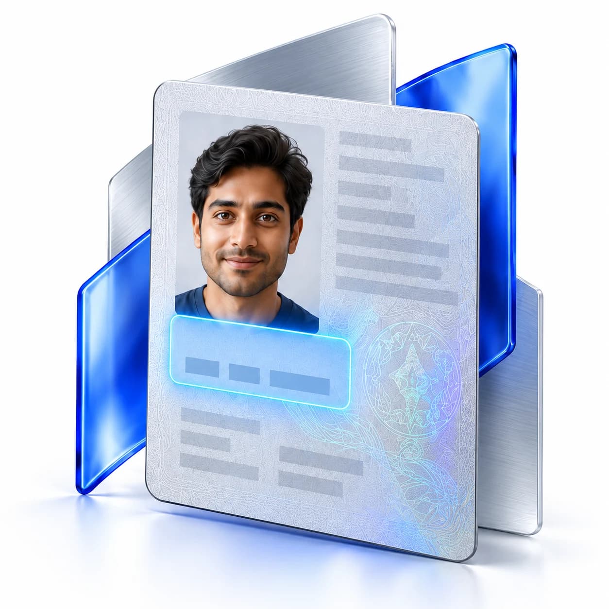 A fictional identity document with a male portrait and a highlighted date field, framed in silver and blue glass.