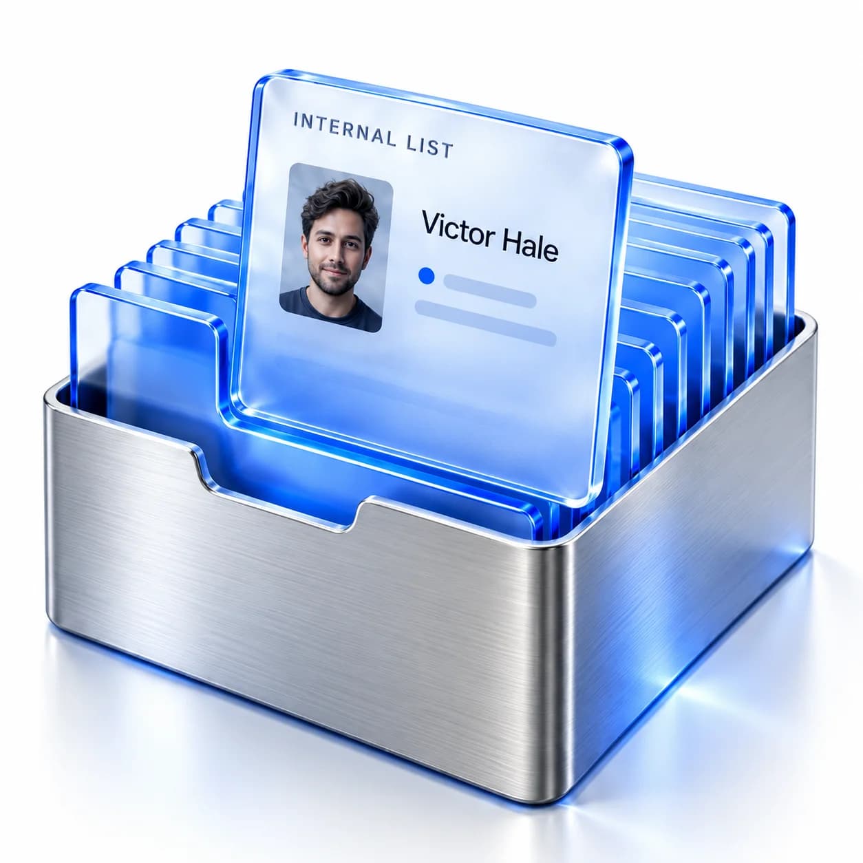 A silver card file of blue glass tab cards, with one listing lifted forward.