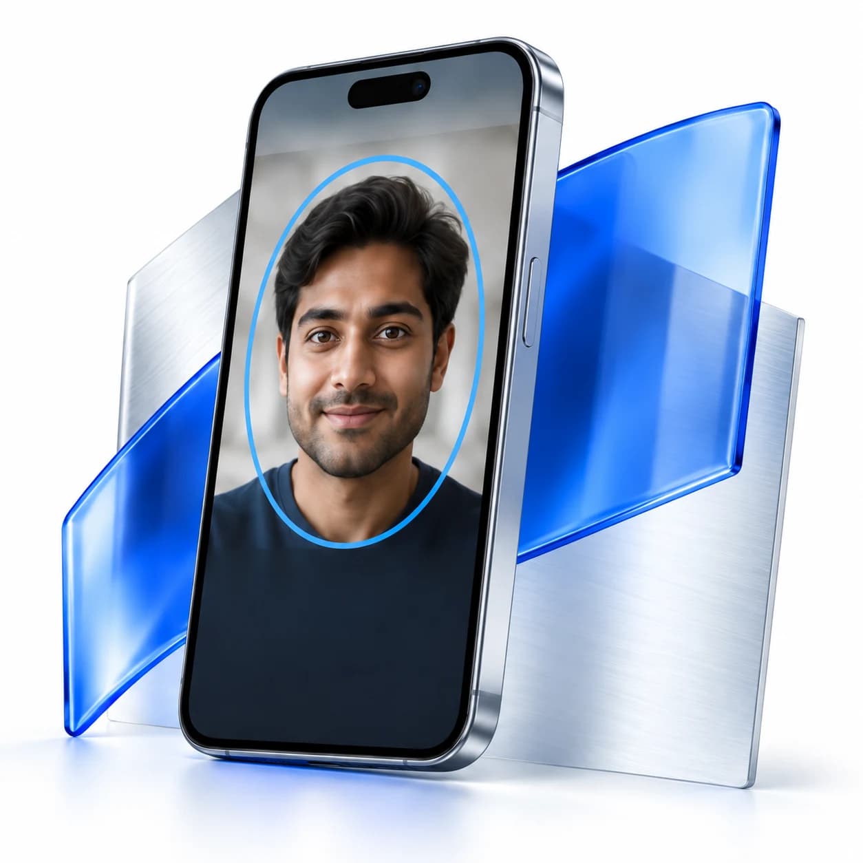 An applicant taking a selfie, framed by blue glass and silver panels.