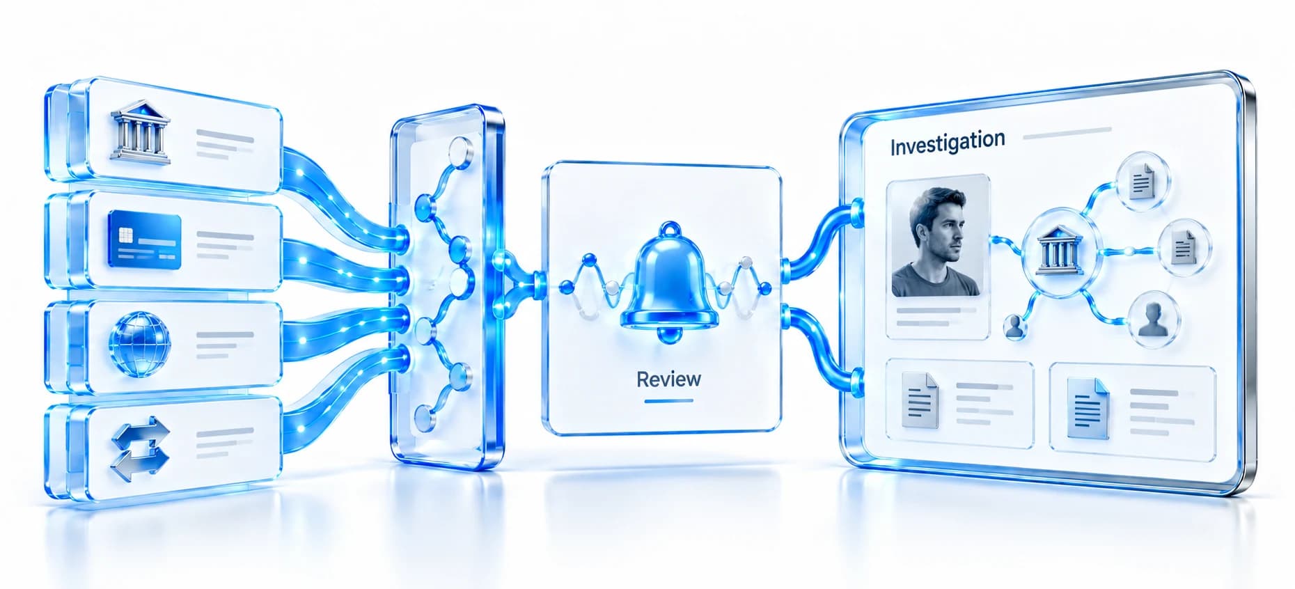 Transaction records flow through detection into an alert and a connected investigation dossier.
