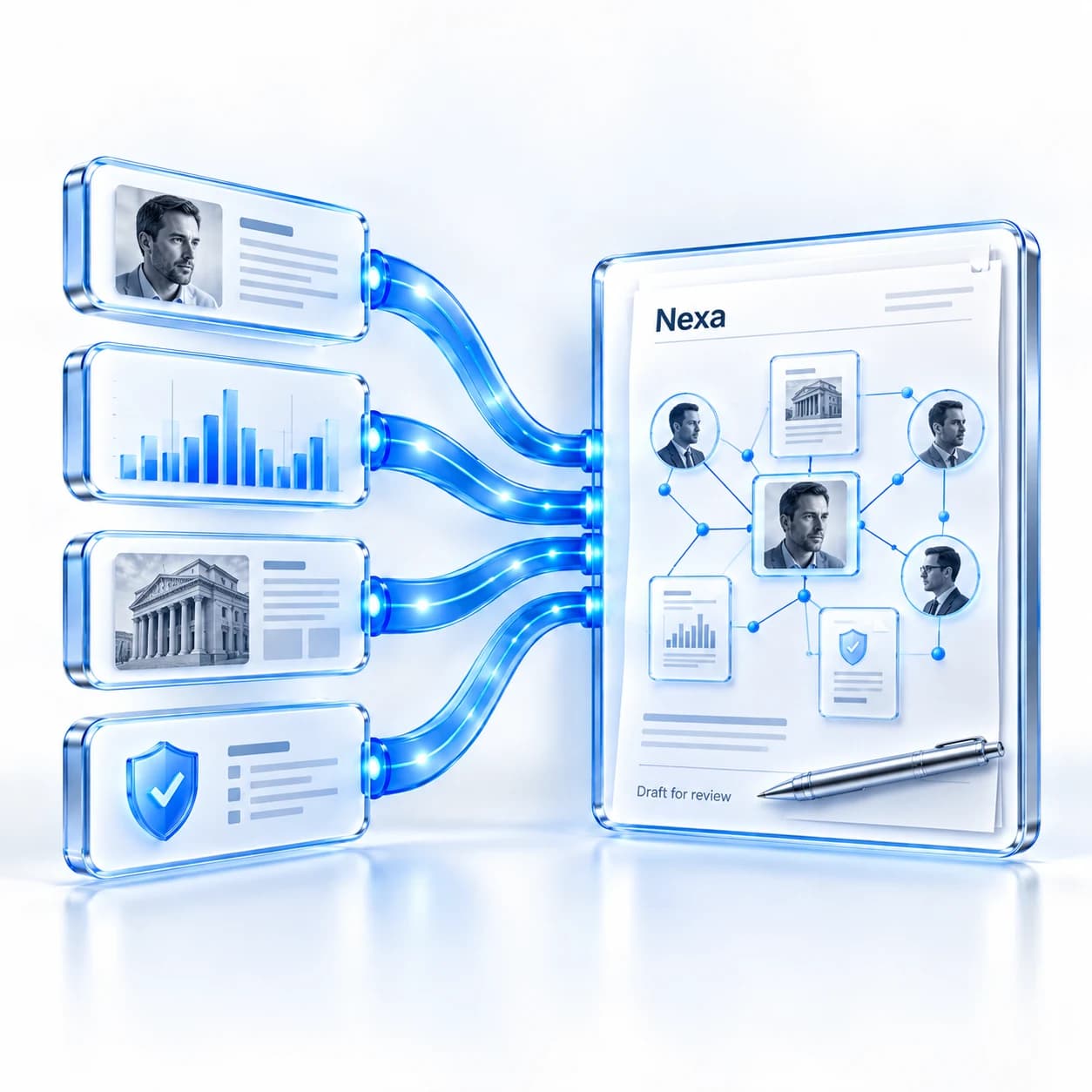 Customer, activity and evidence records support a Nexa draft for review.