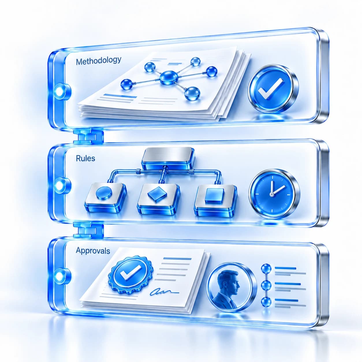 Methodology, rules and approvals connected in a governance record.