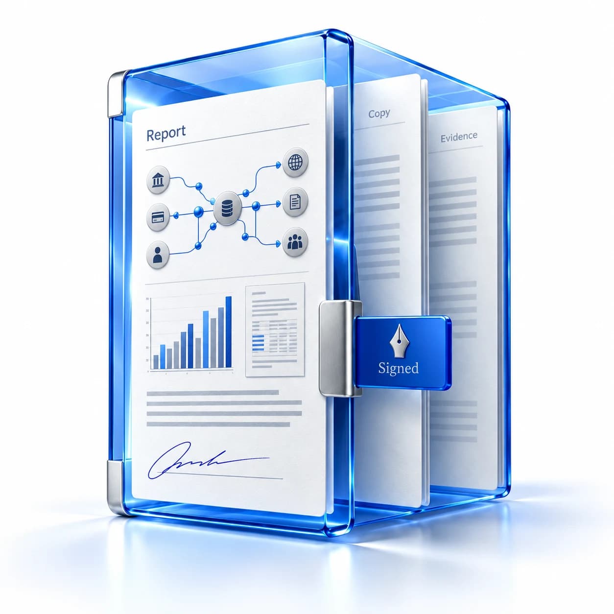 A signed report package preserves the report, readable copy and supporting evidence.