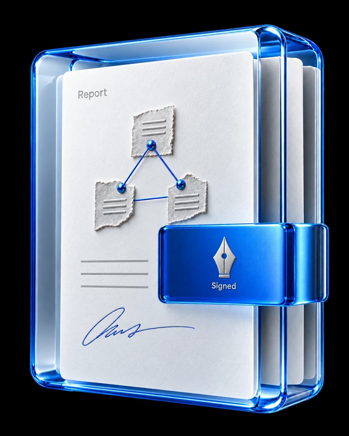 A signed report and its connected supporting documents retained as one package.