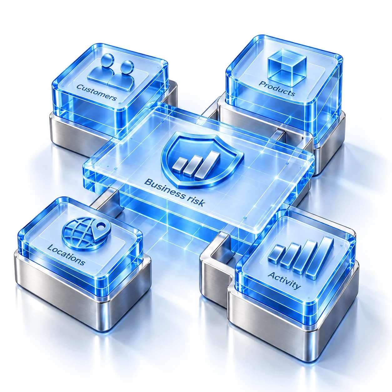 Customer, product, location and activity modules connect to a business risk assessment.