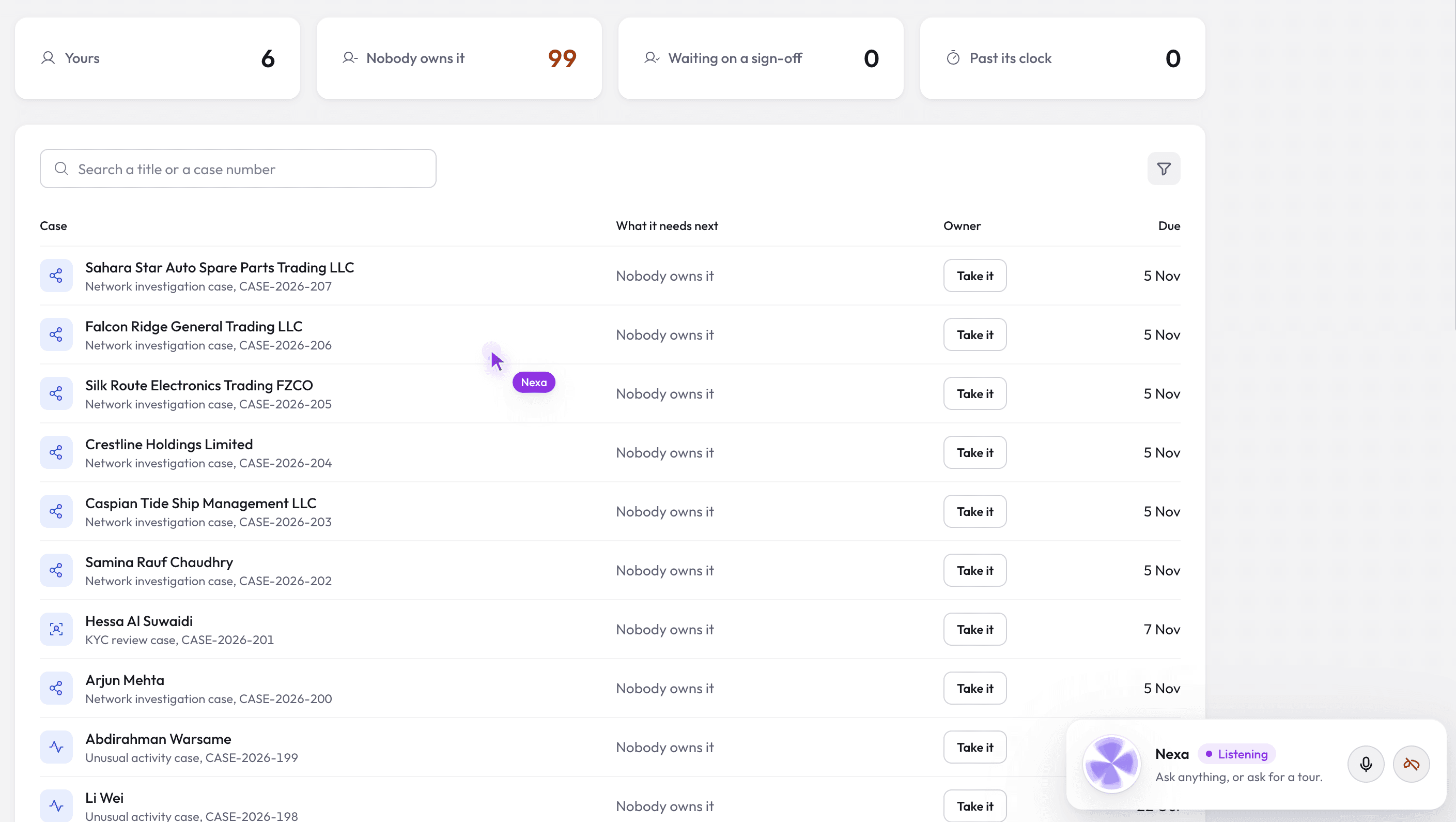 A case queue with Nexa listening, ready to answer questions or give a tour
