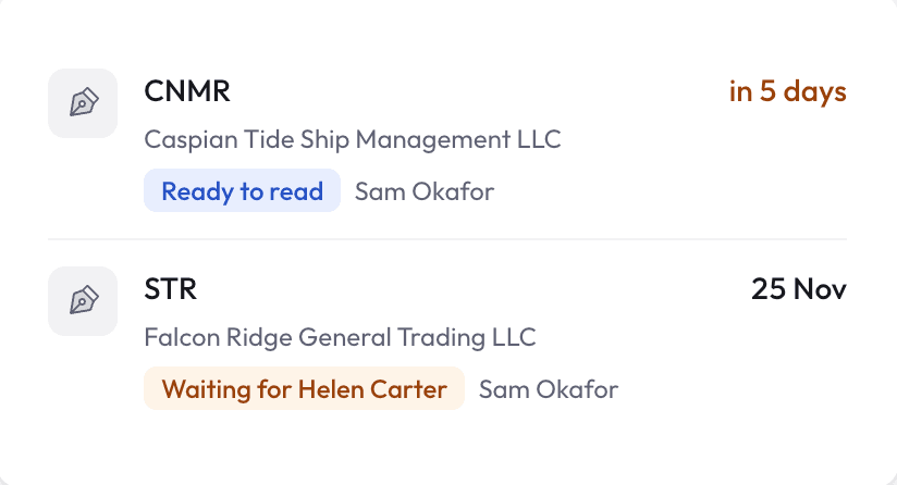 Reporting register showing a CNMR ready to read and an STR waiting for sign-off