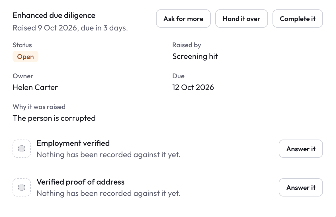 An open enhanced due diligence review with owner, due date and outstanding evidence