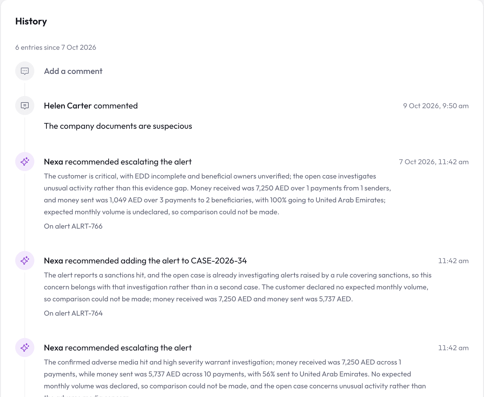 Case history with a reviewer's comment and Nexa's recorded recommendations