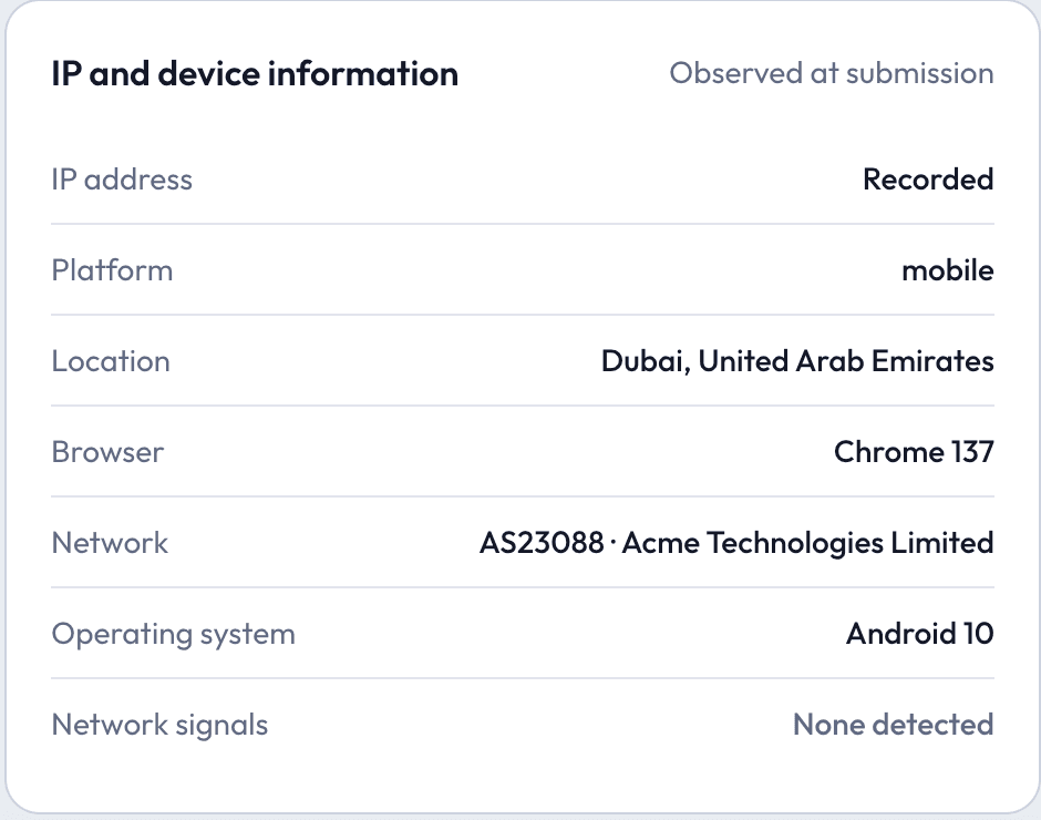 IP address, location, network and device details observed at submission