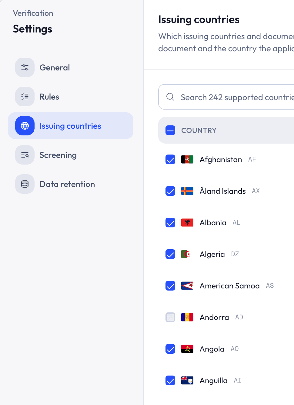 Verification settings listing the issuing countries accepted for documents
