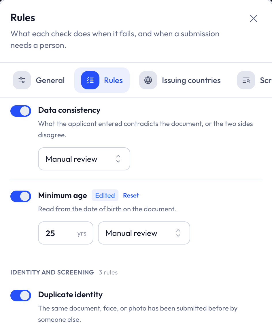 Verification rules with a minimum age of 25 sent to manual review